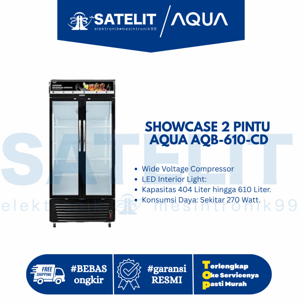 AQUA Showcase 2 Pintu AQB-610CD - Kapasitas 404L Double Layer Glass Door Low Watt