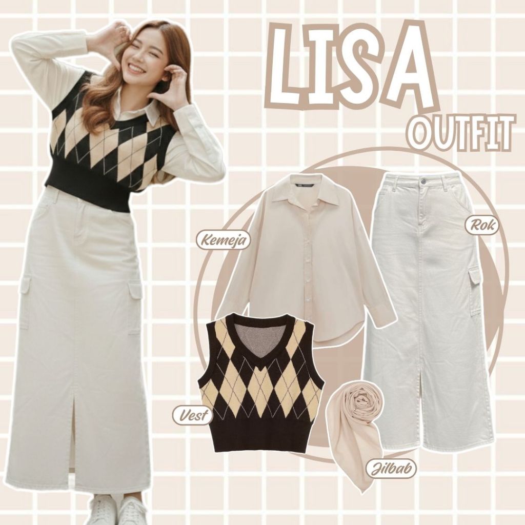 One Set Korea ( Kemeja Basic + Vest Crop + Rok Span Cargo + Hijab Bela Square ) Outfit Cewek Remaja