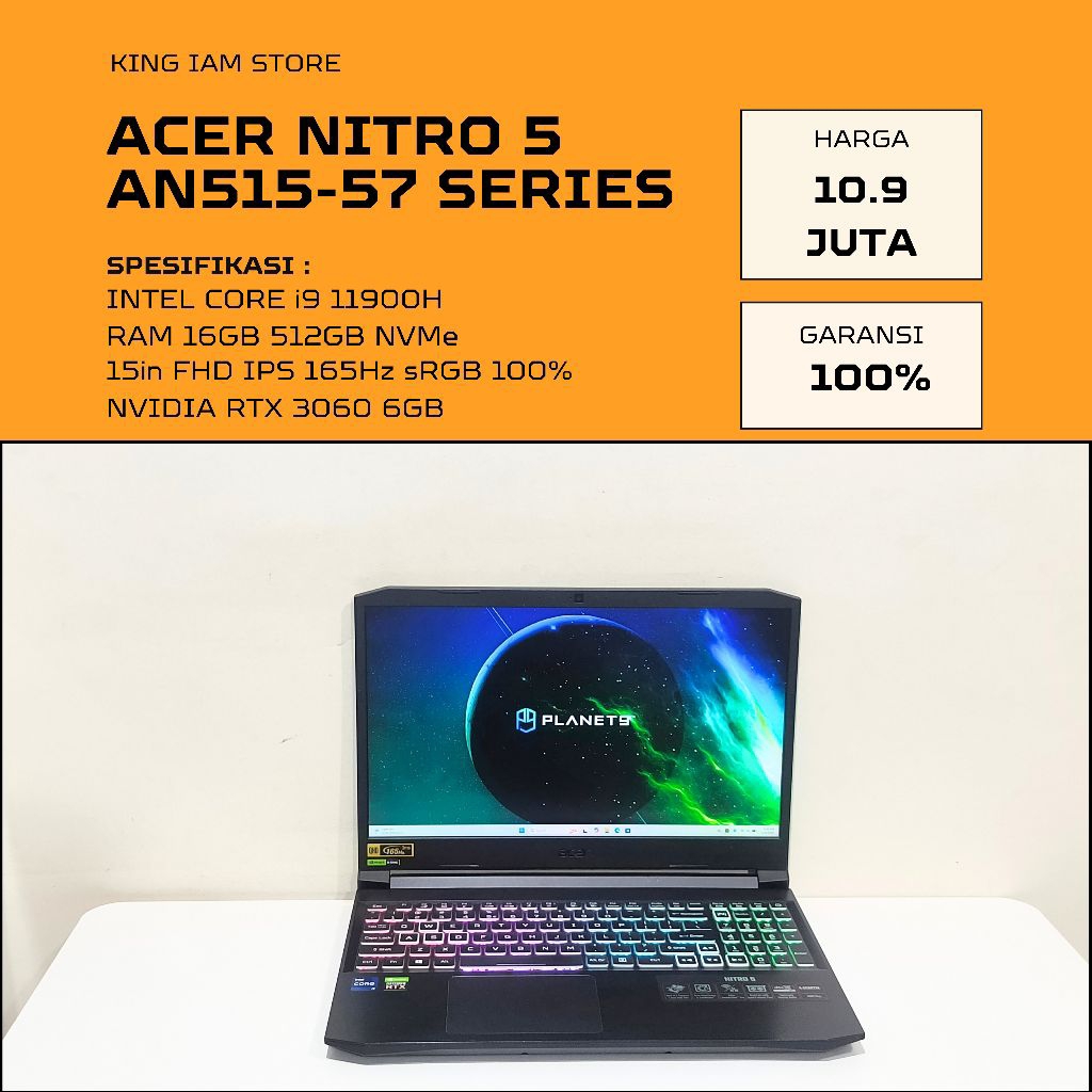 ACER NITRO 5 AN515-57 INTEL i9 NVIDIA RTX 3060 6GB RAM 16GB LAYAR FHD 165Hz sRGB 100% | laptop gamin