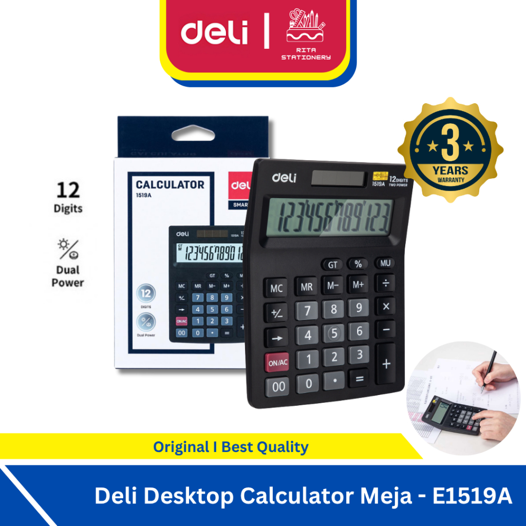 Deli Desktop Calculator / Kalkulator Meja Dual Power Solar dan Baterai Hitam E1519A