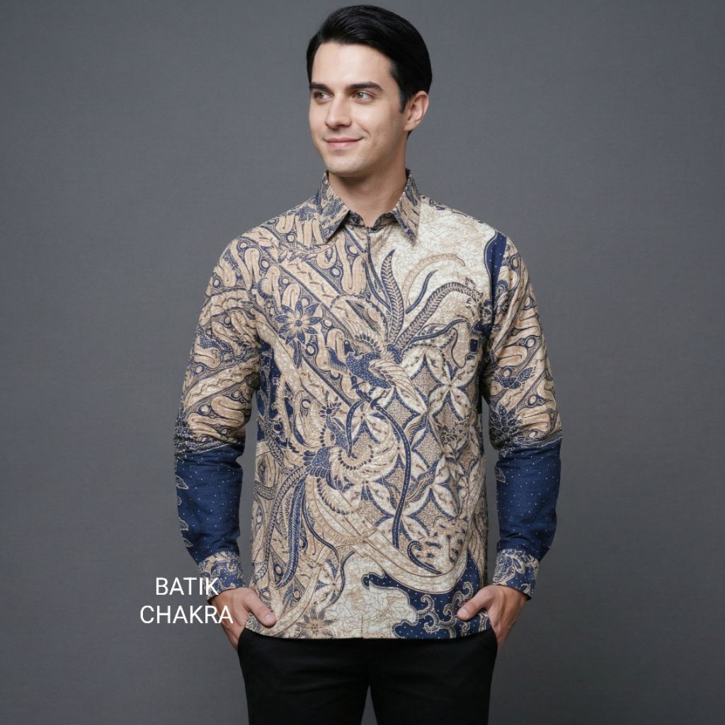 Kemeja batik pria CREAM lengan panjang bahan doby lapis furing motif terbaru
