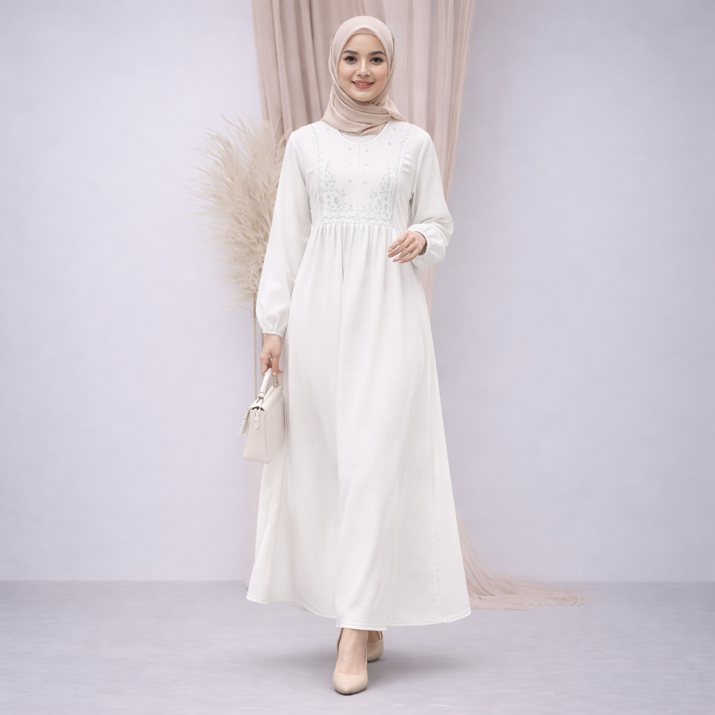 Gamis Aurel Putih – Dress Muslimah Premium Bordir Minimalis Elegant | Gamis Putih Premium Aurel – Dr