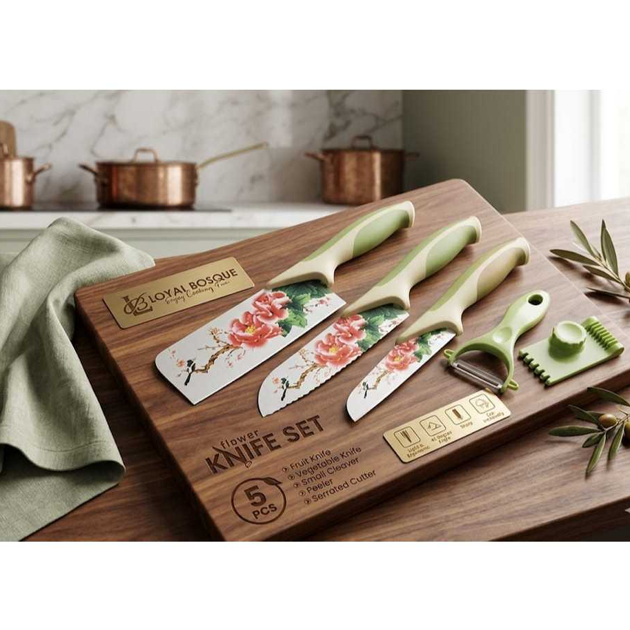 Set Pisau Dapur Motif Bunga Flower Knife - Pisau Set 5 Pcs | Motif Bunga Loyal Bosque BMW