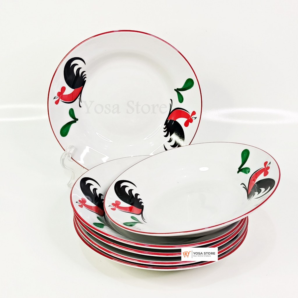 Piring Saji Keramik 7 inch/ 8 Inch Motif Ayam Jago - 6 Pcs Kedaung Home
