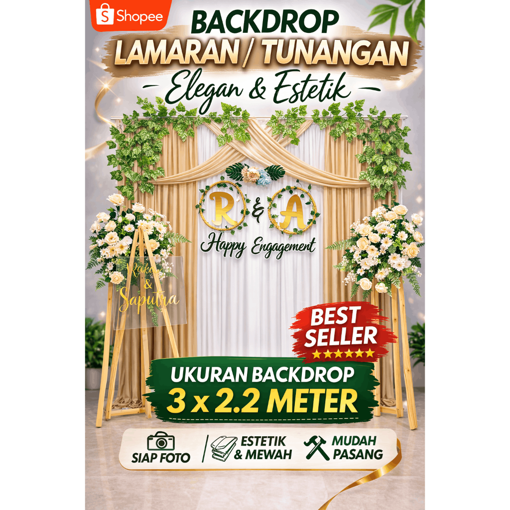 Backdrop Lamaran Tunangan Elegan 3x2.2m Full Set Dekorasi Engagement Premium Siap Pakai