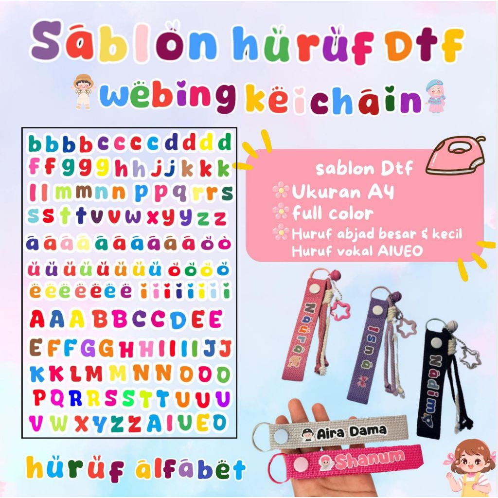 (READY STOCK ) Sablon Huruf Dtf webbing keychain / sablon huruf gantungan kunci