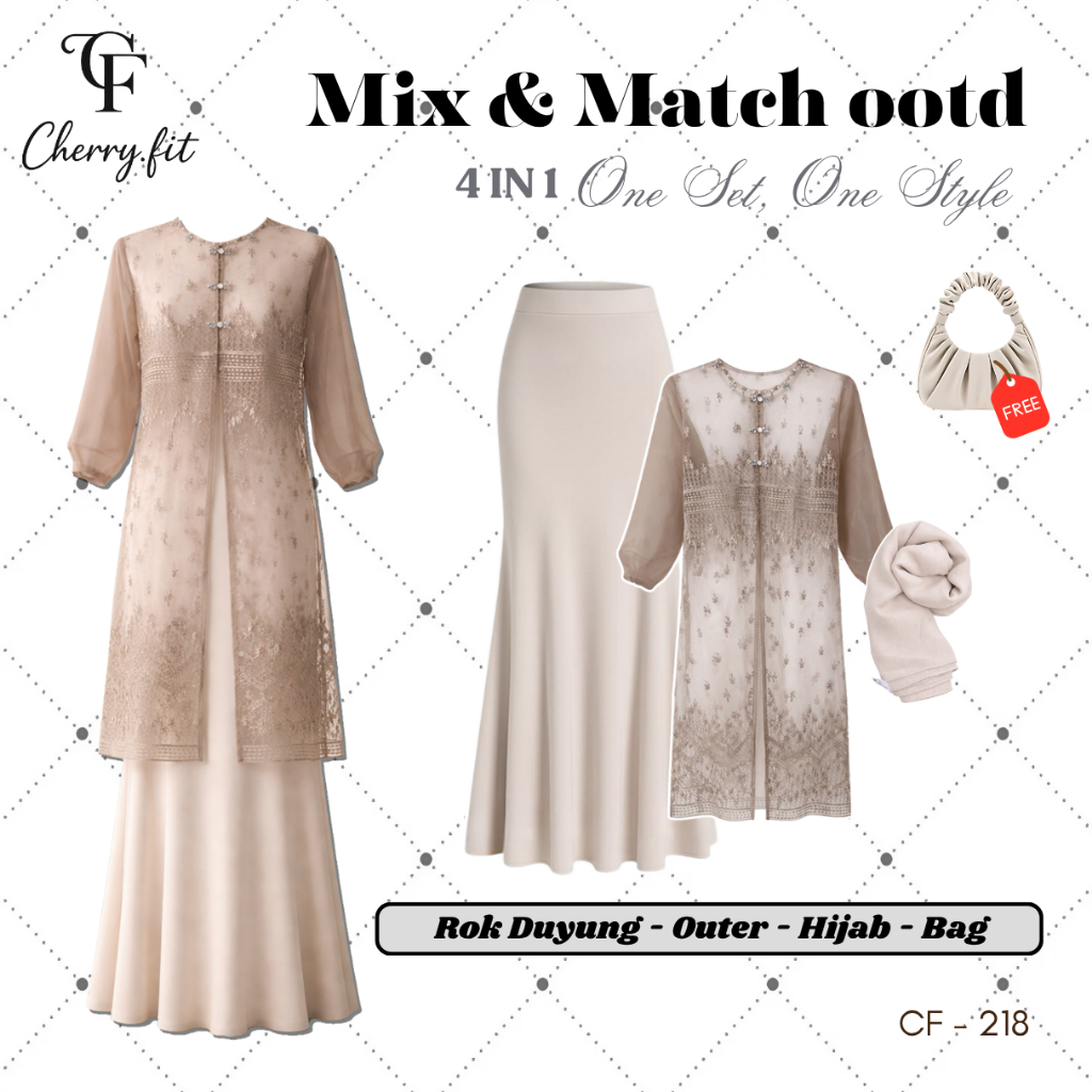 One Set Wanita Kekinian (Brokat, Rok Duyung, Hijab, free Bag) Kondangan Coksu Ivory - CF218