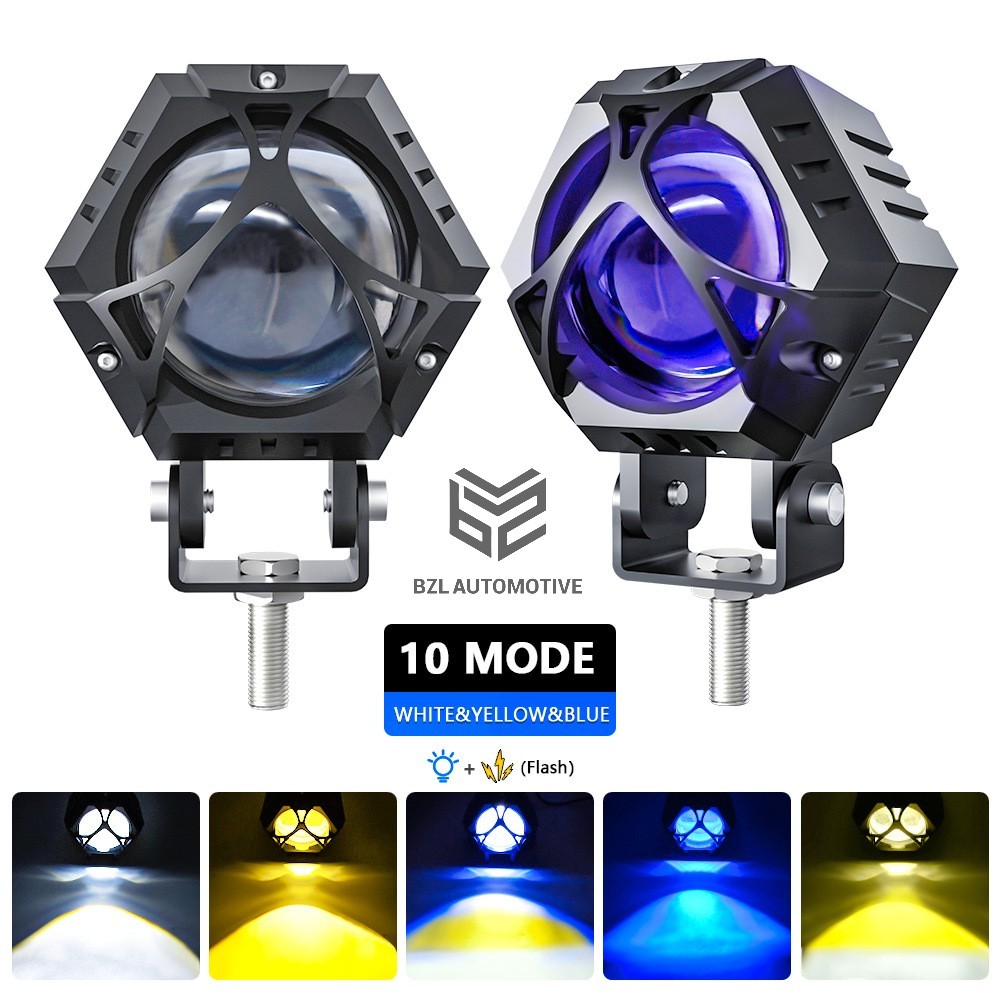 BZL Lampu Sorot Led Lampu Tembak Mobil Motor Tiga Warna Putih Kuning Biru 10 Mode Bisa Strobo