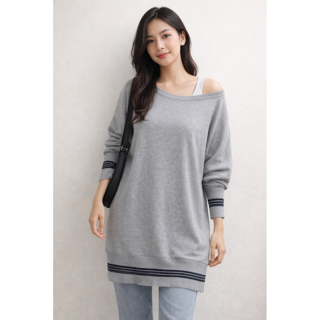 Dress Sweater Abu Oversize Wanita Korean Style | Batwing Kelelawar Loose Fit Hangat Casual