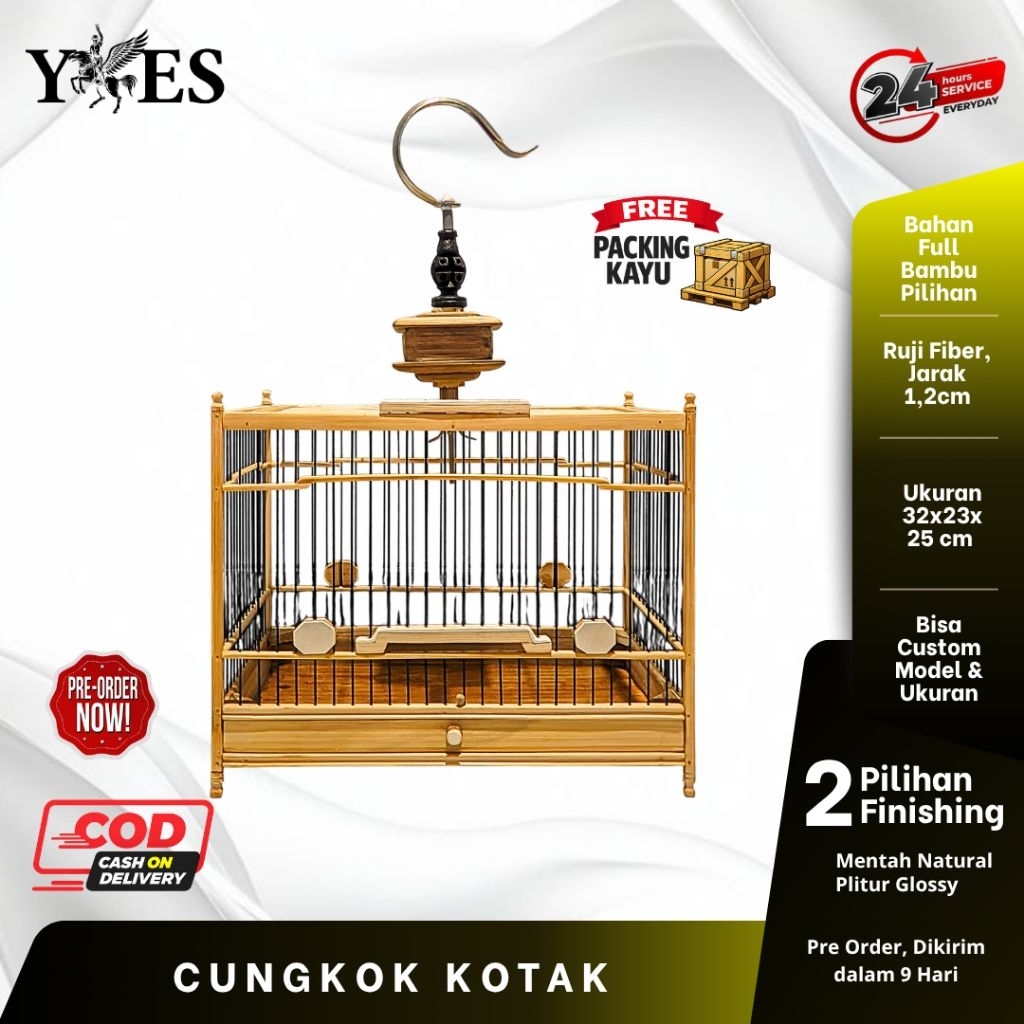 Sangkar Cungkok Kotak Minimalis Full Bambu, Ukuran 32x23x25 cm. Untuk Burung Kecil hingga Sedang.