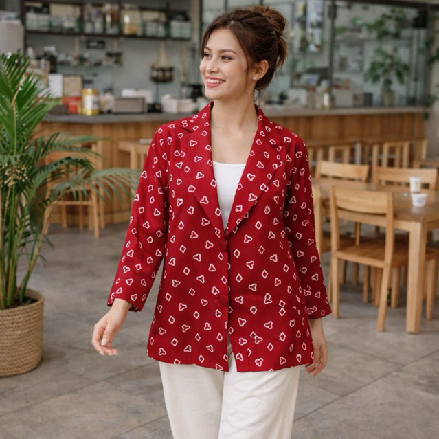 Blazer Batik Merah Putih Wanita Premium | Blezer Kantor Kerja Elegan | Outfit Agustusan Kondangan Ca