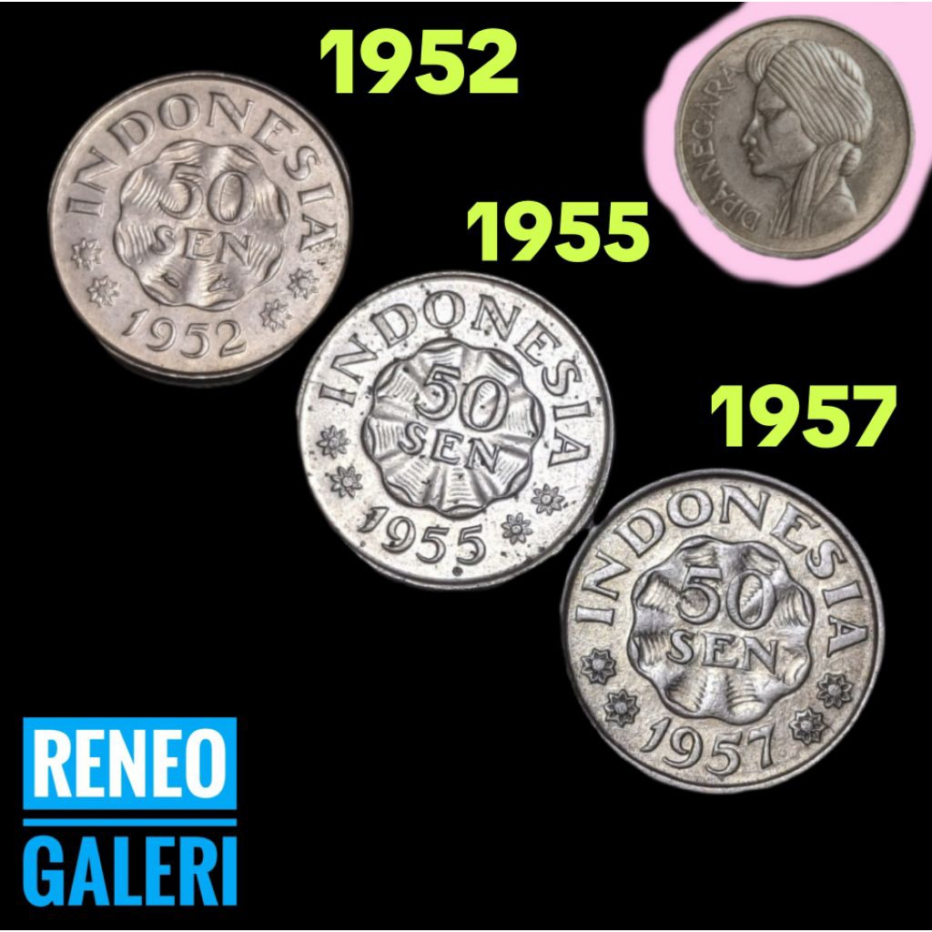 VF cuci Paket 3 Tahun cetak 50 Sen Dipanegara Diponegoro 1952 1955 1957 Uang koin kuno Indonesia pak