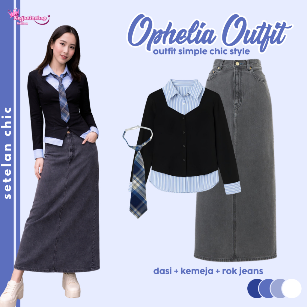 3in1 Kemeja Salur Combi One Set Outfit Yearbook American School Dasi Motif Rok Jeans  Wanita 244