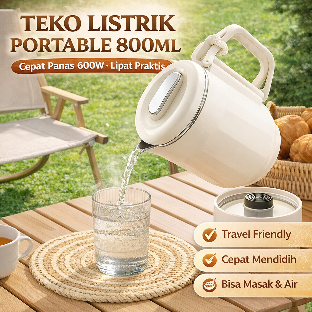 Teko Listrik Portable Lipat 800ml Travel Kettle 600W Cepat Panas Mini untuk Traveling Kontrakan Kos