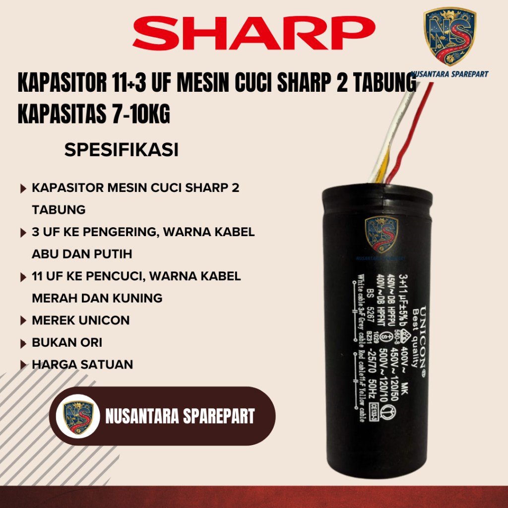 KAPASITOR 11+3 UF MESIN CUCI SHARP 2 TABUNG KAPASITAS 7-10KG