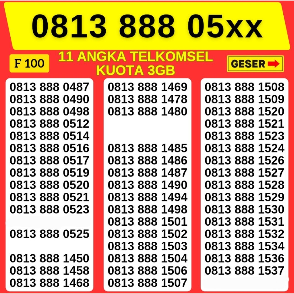 11 Digit Bonus Kuota 3gb Nomor Cantik Telkomsel Hoki 888 Kartu Perdana Telkomsel Tsel Red Telkomsel 