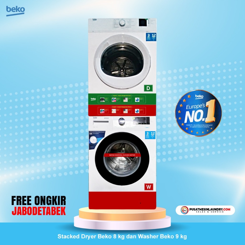 Beko Set Stack Mesin Cuci 10kg & Mesin Pengering 8kg Konversi Gas BB10