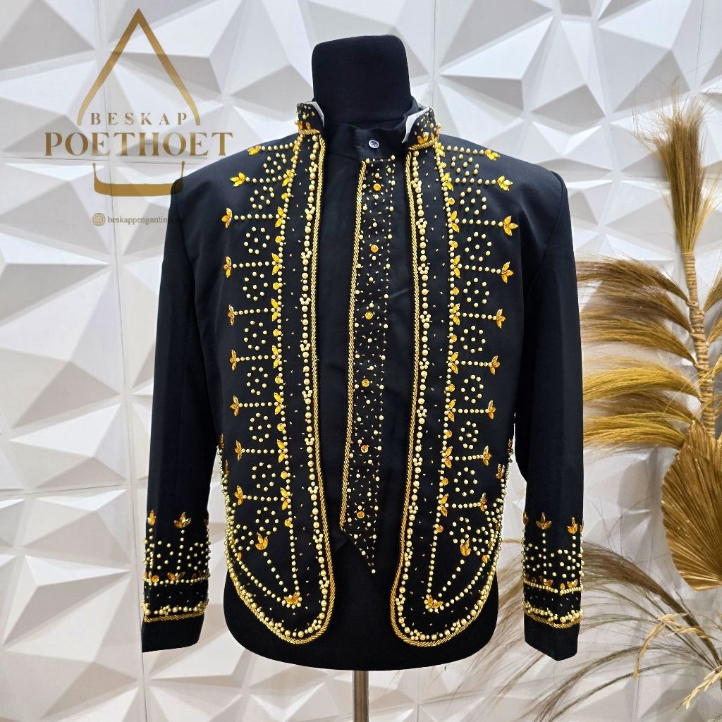 [Free selop] beskap poethoet pengantin jawa pria hitam jetblack payet gold matte premium