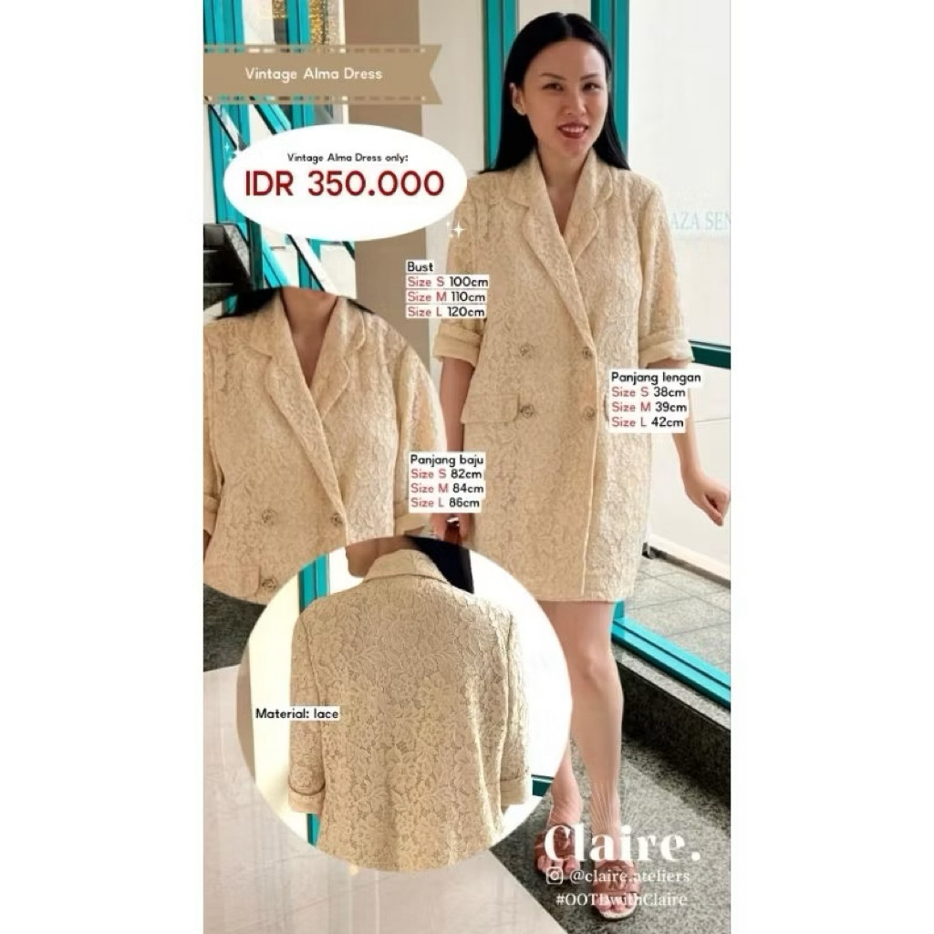 PRELOVED Claire Broken White Lace Long Sleeve Double Buttons Outer Blazer Mini Dress Fashion Wanita