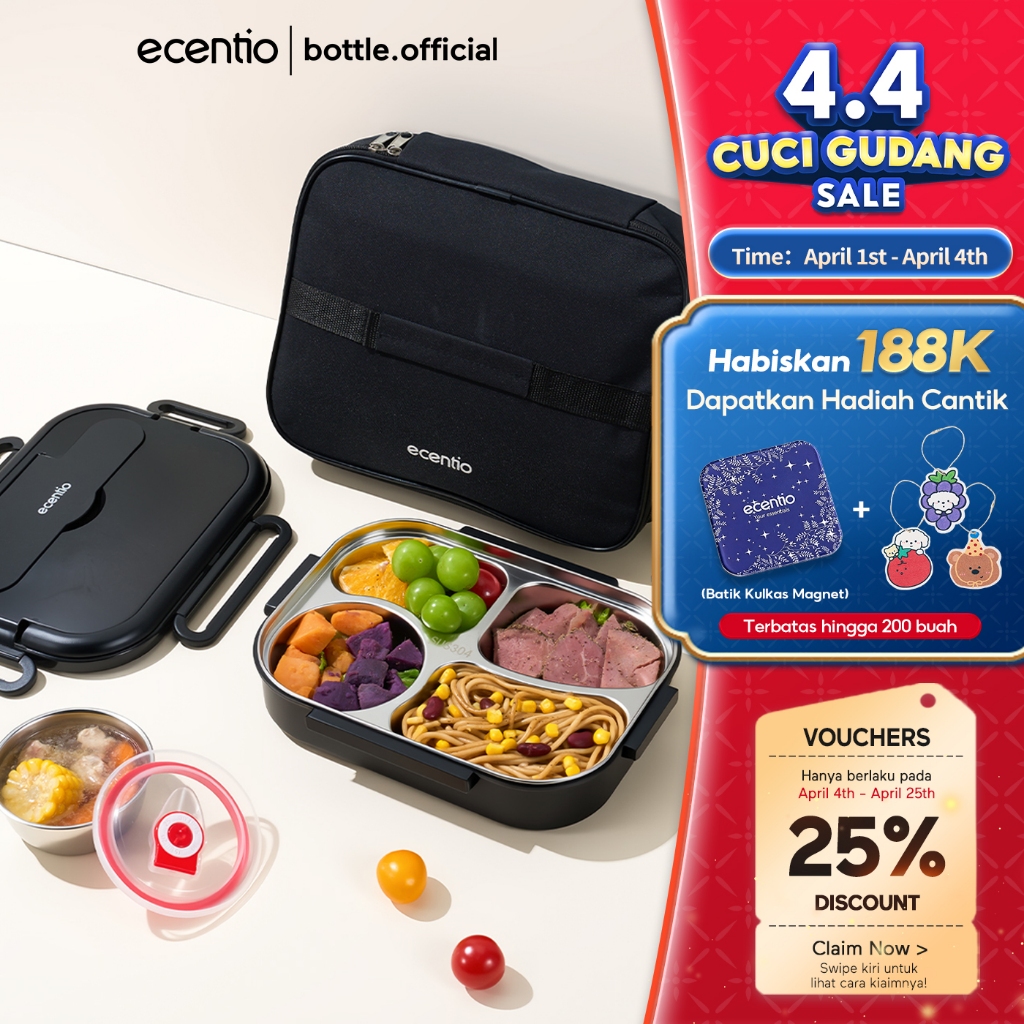 ecentio lunch box stainless /Kotak Makan 4 Sekat Tahan Panas Dan Anti Tumpah tempat makan