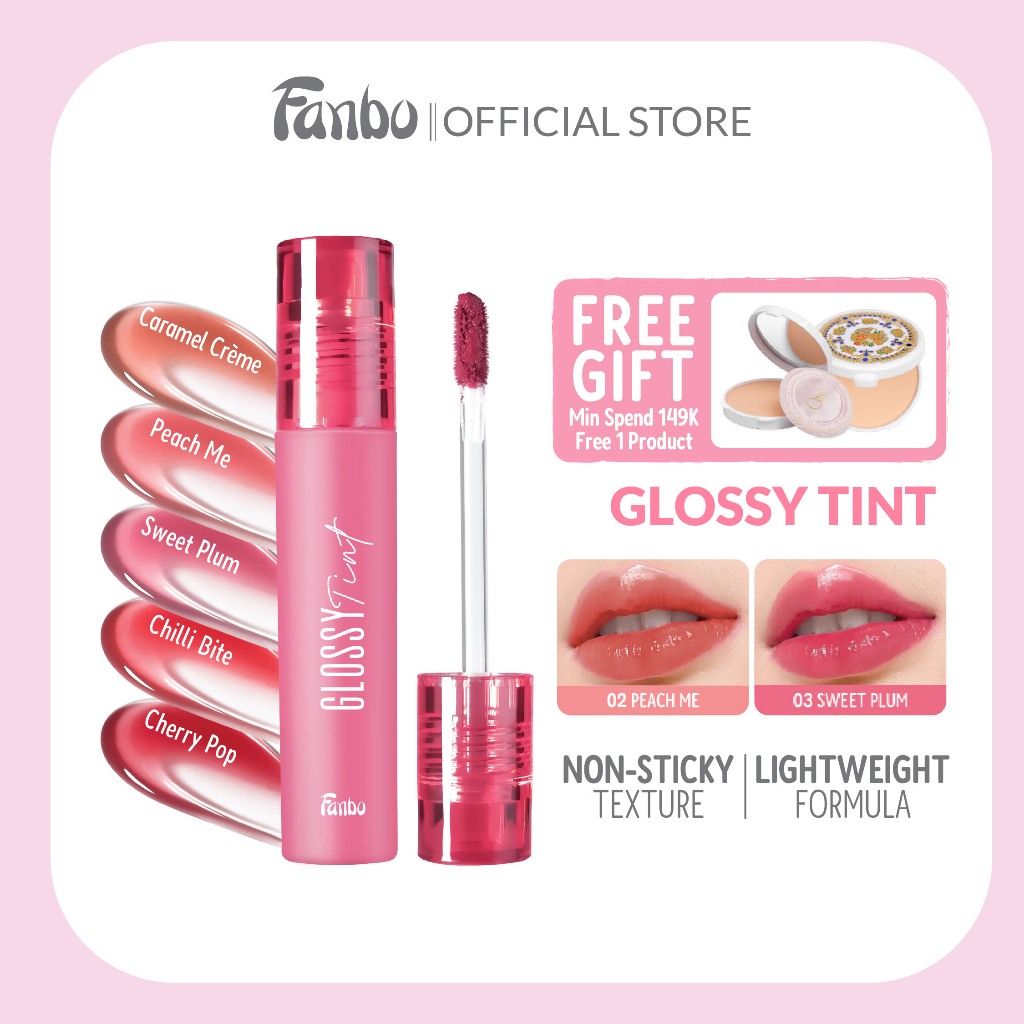 Fanbo Glossy Tint (ED) | Lip Tint Juicy, Moist & Long-Lasting | Bibir Lembap, Berkilau Natural, Tanp