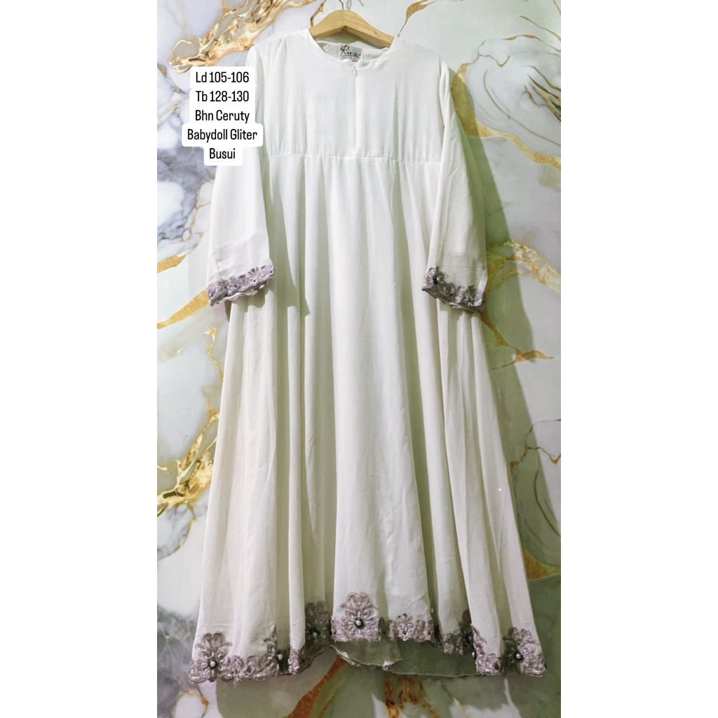 Gamis Wanita Muslimah Warna Putih Bahan Ceruty Babydoll Gliter Busui