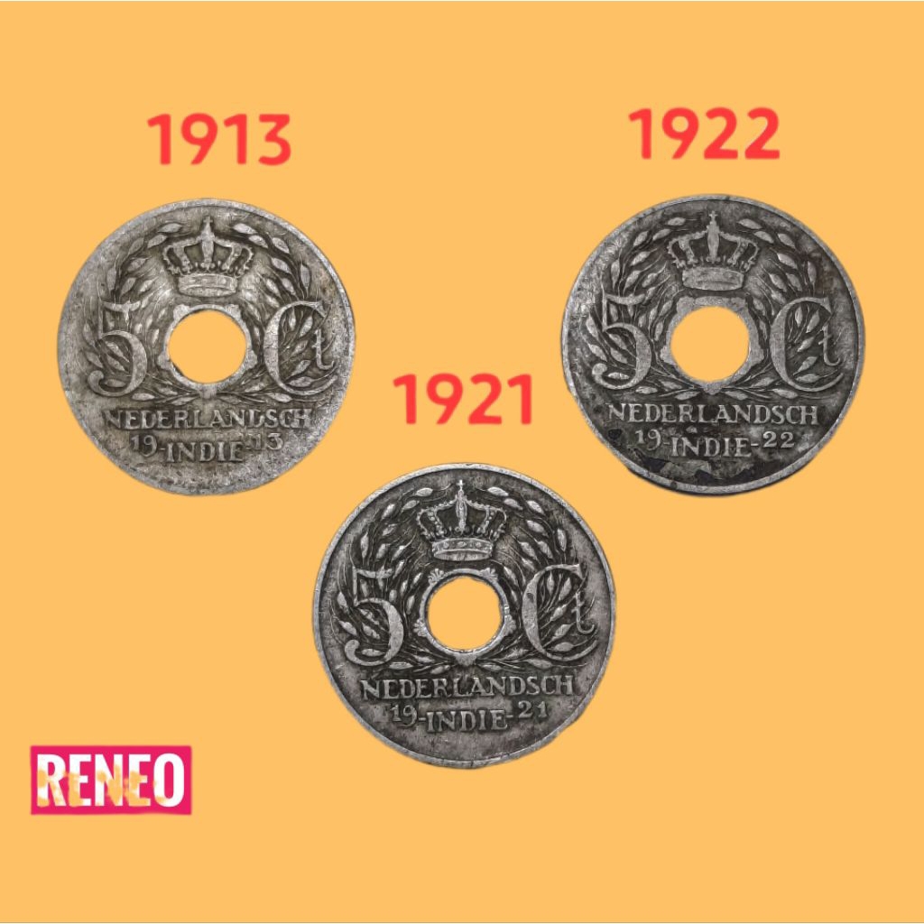 Jelek Paket Tahun lengkap 5 Cent Nederlandsch indie set Sen Hindia Belanda 1913 1921 1922 Uang koin 