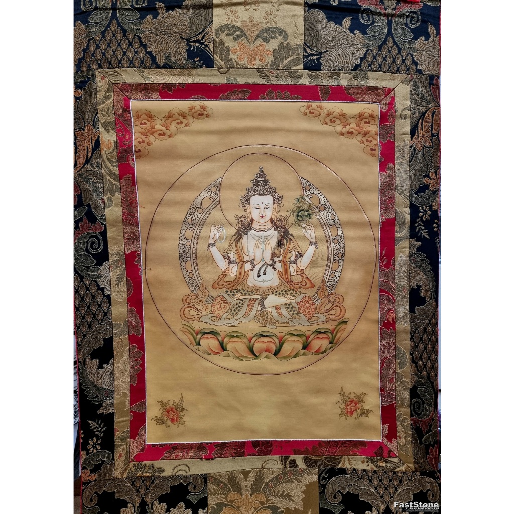 Lukisan Thangka Dewi KwanIm 4Arms Tibet Bless Handcraft 120x85cm E1890