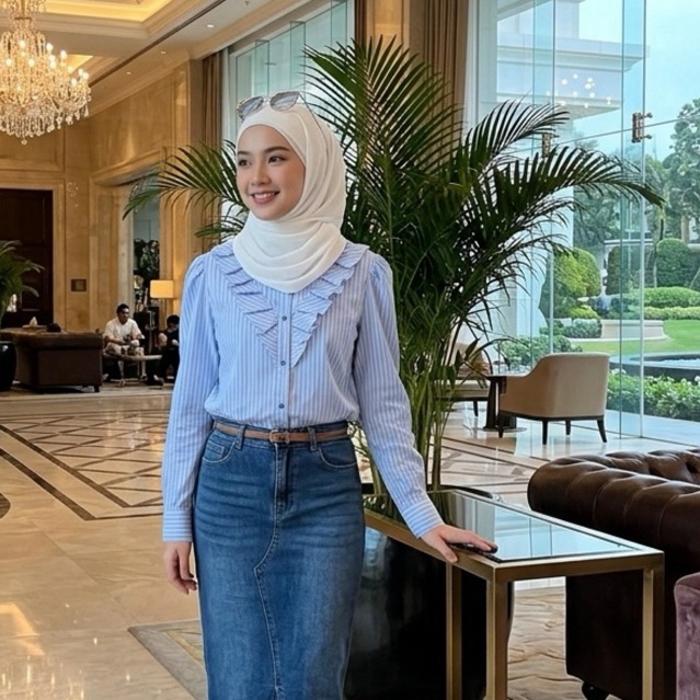 atasan wanita kemeja salur biru muda Blus Wanita Garis Lengan Panjang