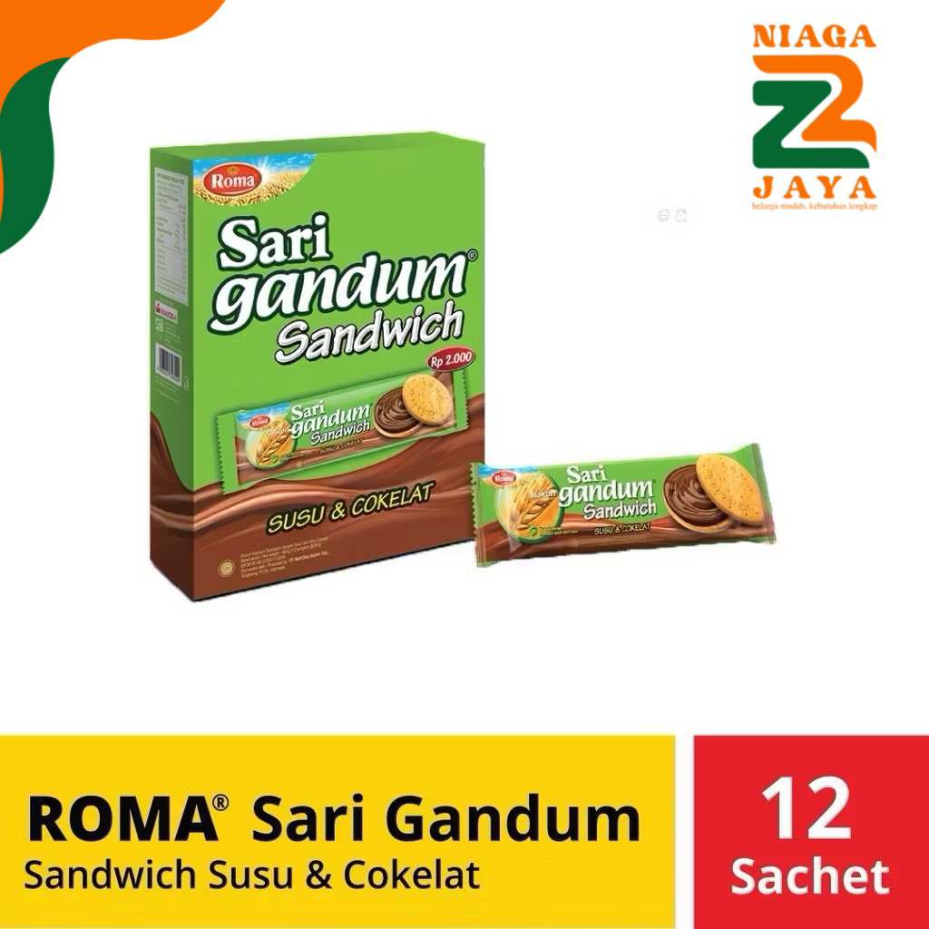 Roma Sari Gandum Sandwich Susu & Cokelat 1 Dus Isi 12 Sachet | Biskuit Gandum Enak & Mengenyangkan