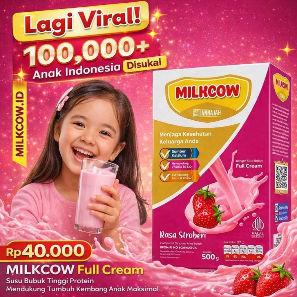 MILKCOW Full Cream - Susu Gemuk Pertumbuhan Penggemuk dan Penambah Berat Badan 500 Gram Rasa Stoberi