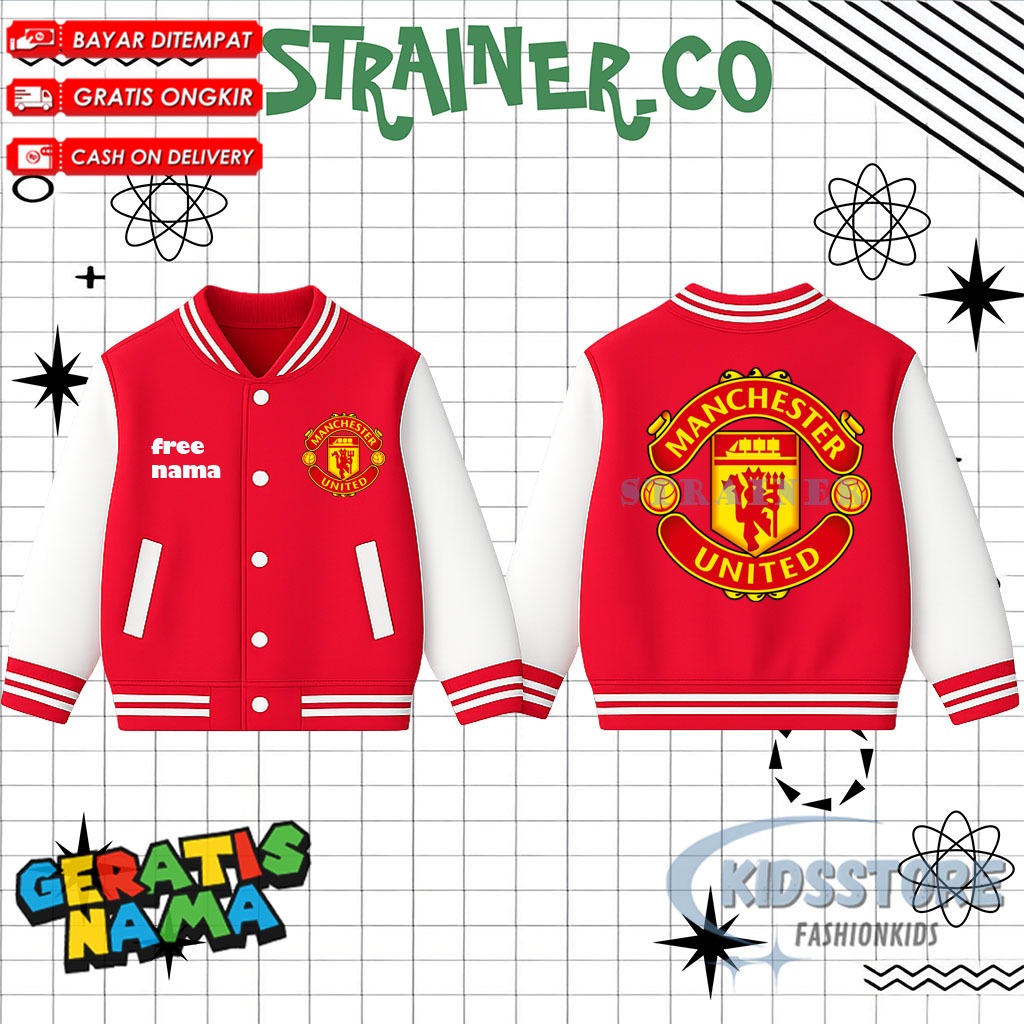 Jaket Varsity Anak Manchester United / Jaket Baseball Anak Unisex Club Manchester United Gratis nama