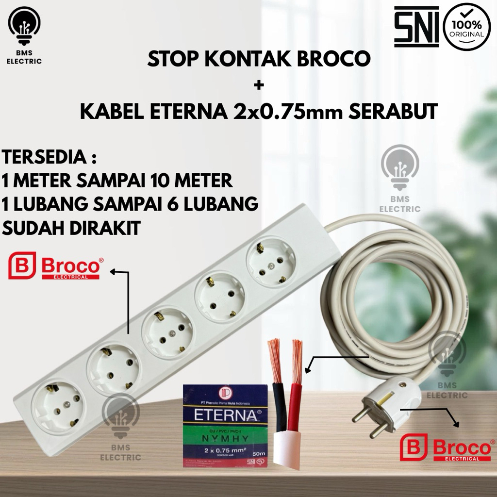 Broco Stop Kontak + Kabel Eterna NYMHY 2x0.75 Sudah Dirakit / Stop Kontak Broco / Broco Stop Kontak 