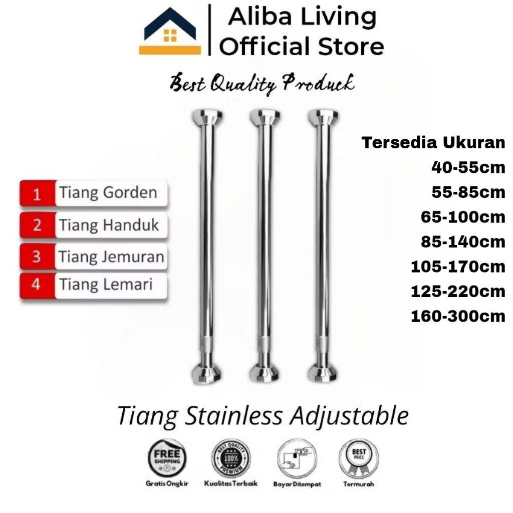 Tiang Gorden Stainless Steel Besi Tiang Jemuran Baju Fleksibel Portable Tanpa Paku Anti Karat