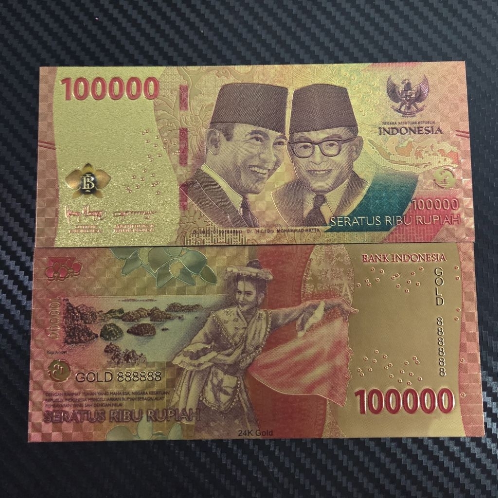 Uang Souvenir Gold Foil Indonesia 100000 RI Plus Fodder