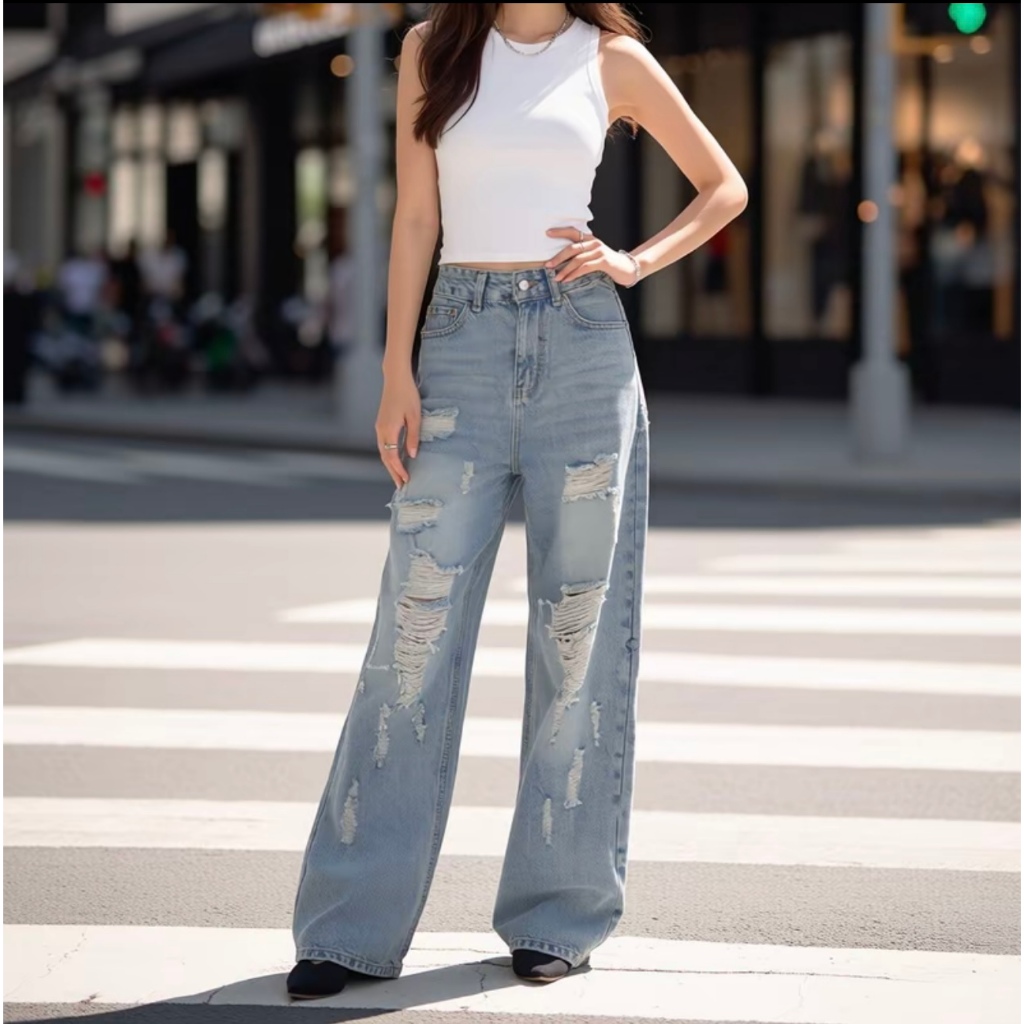 Celana Jeans Wanita Korea Premium High Waist Wide Leg Jeans | Light Blue Distressed Denim Pants Bagg