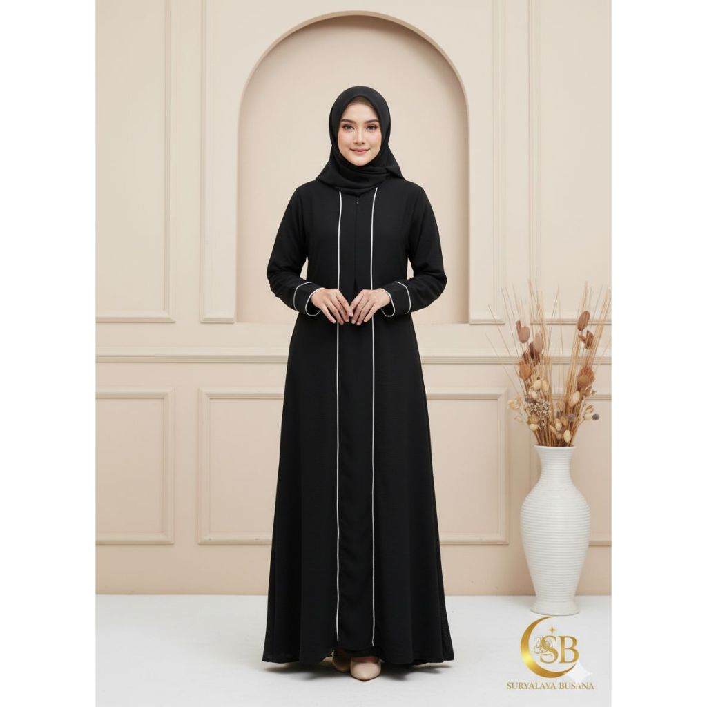 Abaya Hitam List Putih Gamis Arab Wolfis Busui Friendly Premium
