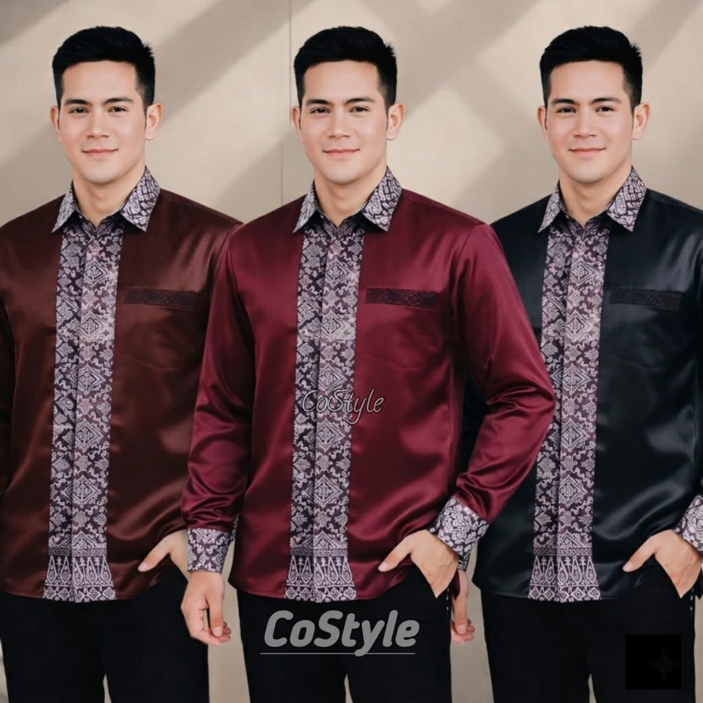 kemeja satin valvet variasi songket khas Palembang baju kondangan pria kemeja wisuda