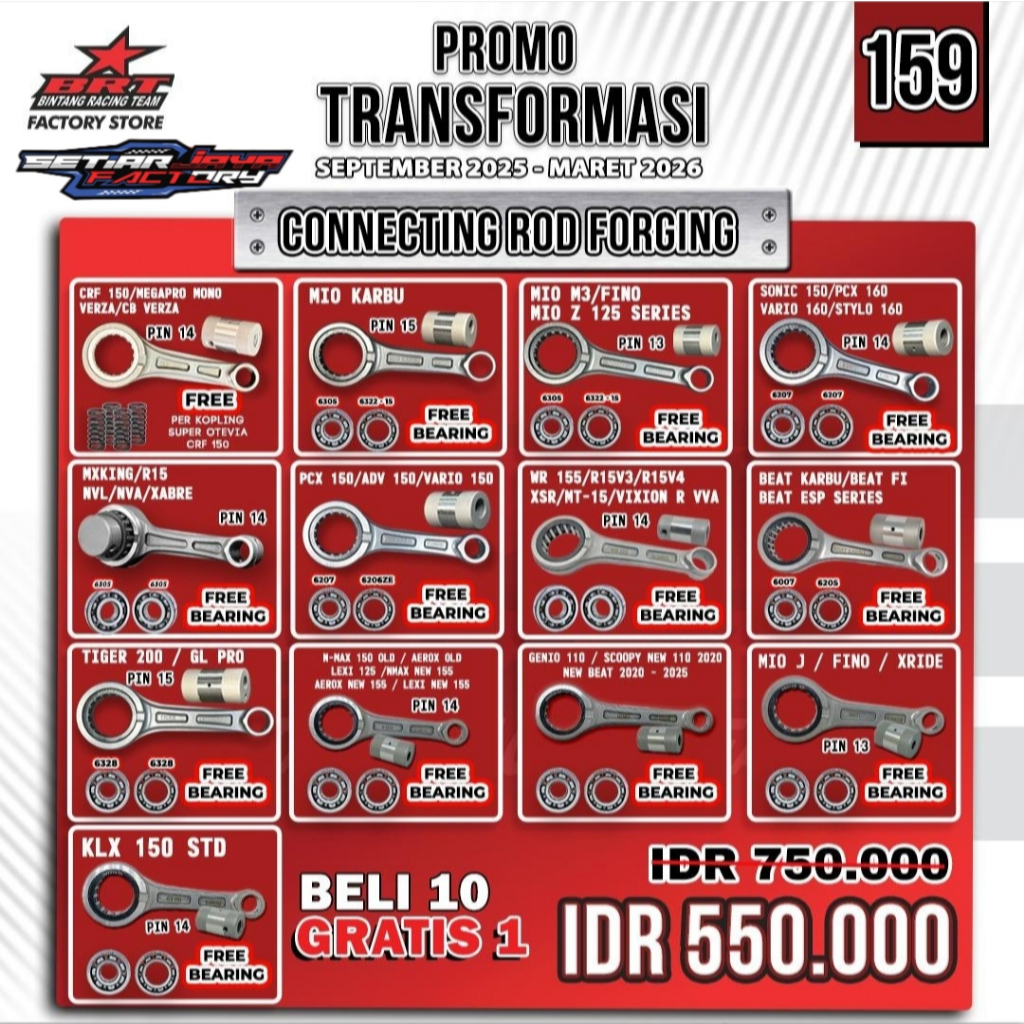 CONROD BRT UKURAN STANDART STANG SEHER CONNECTING ROD SONIC PCX 150 160 VARIO 150 BEAT SERIES MX KIN
