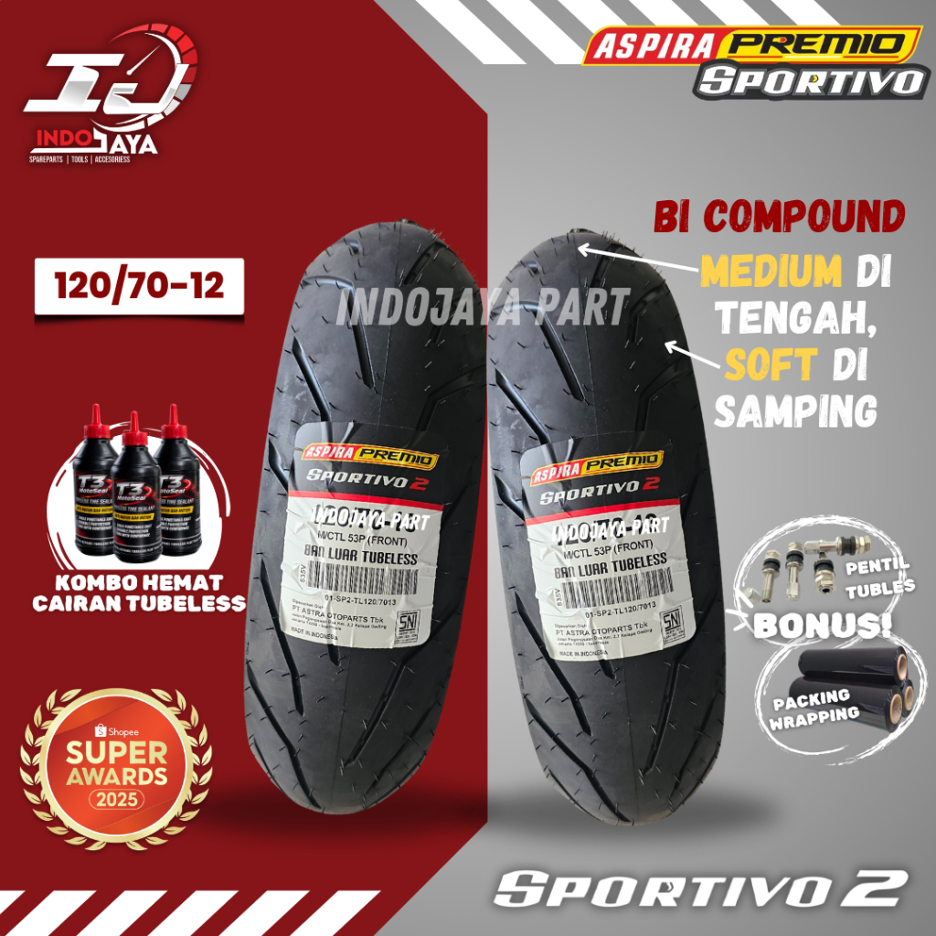 [READY COD] BAN LUAR MEDIUM  SOFT COMPOUND TUBELESS SPORTIVO 2 RING 12 ( 120/70-12 ) BAN MOTOR ASPIR