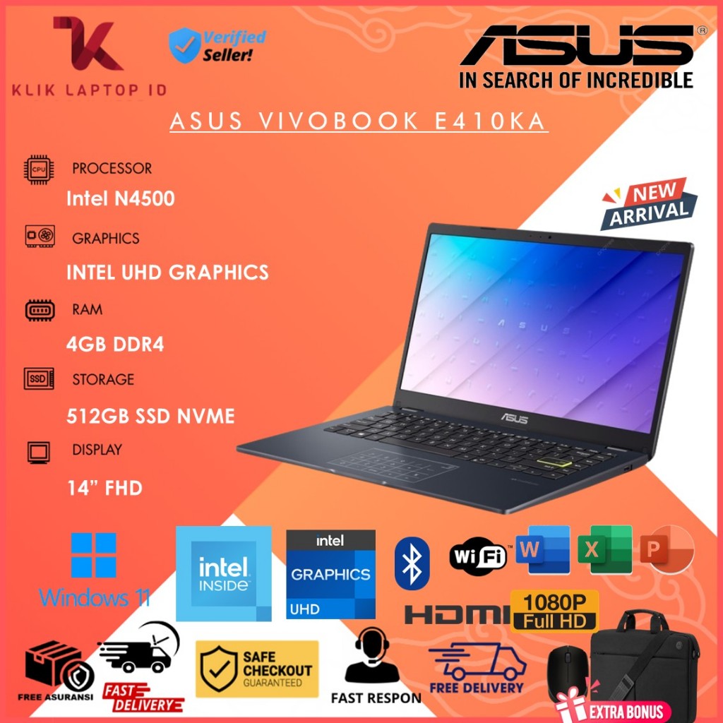 Laptop Baru ASUS VIVOBOOK L410MA/E410KA Intel N4500 8GB 512GB SSD 14in FHD Win11 Home Termurah
