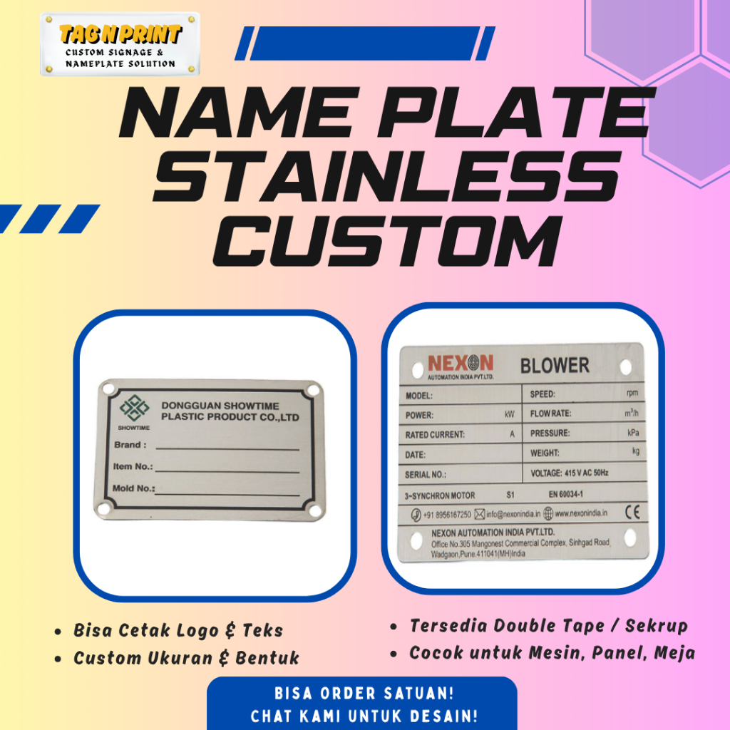 Nameplate Stainless Steel Custom Plat Mesin Label Mesin Grafir Laser & Print UV