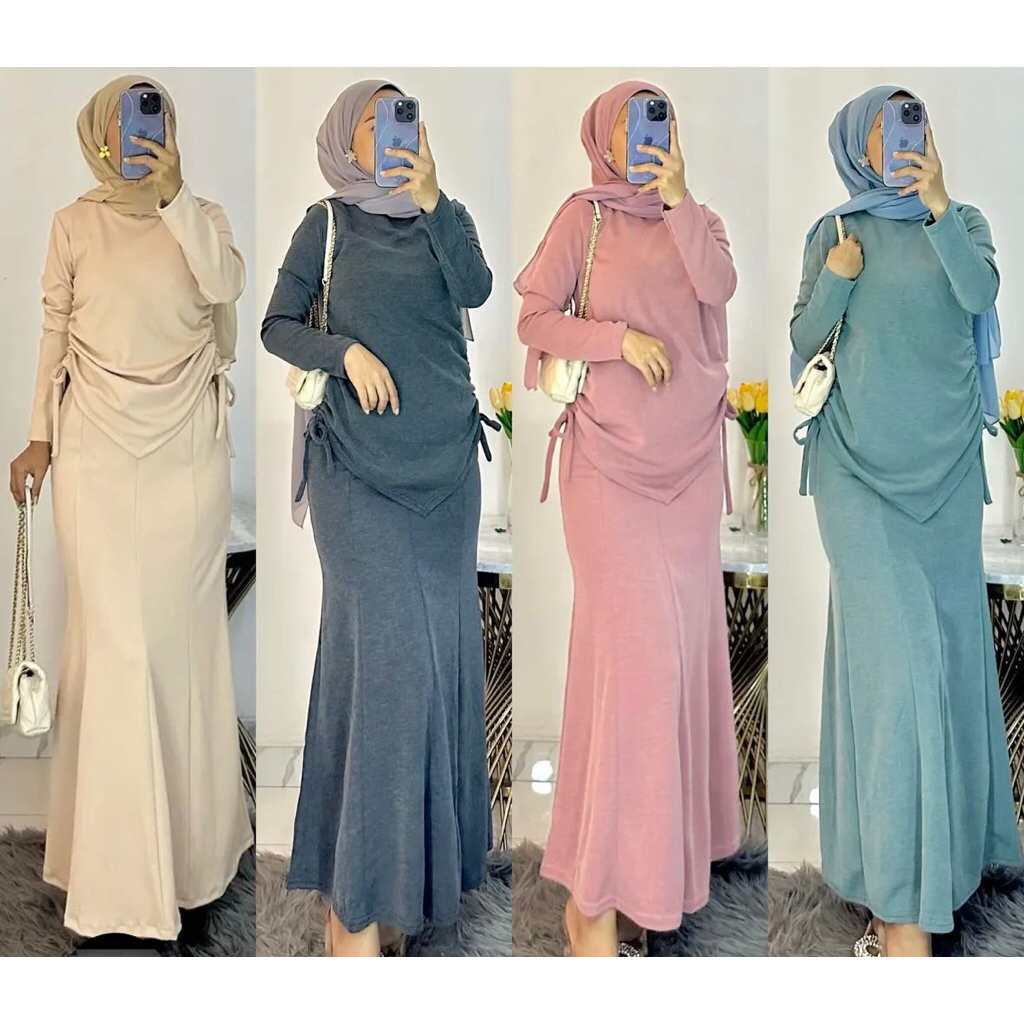 One set setelan wanita knit serut Rok Mayung duyung