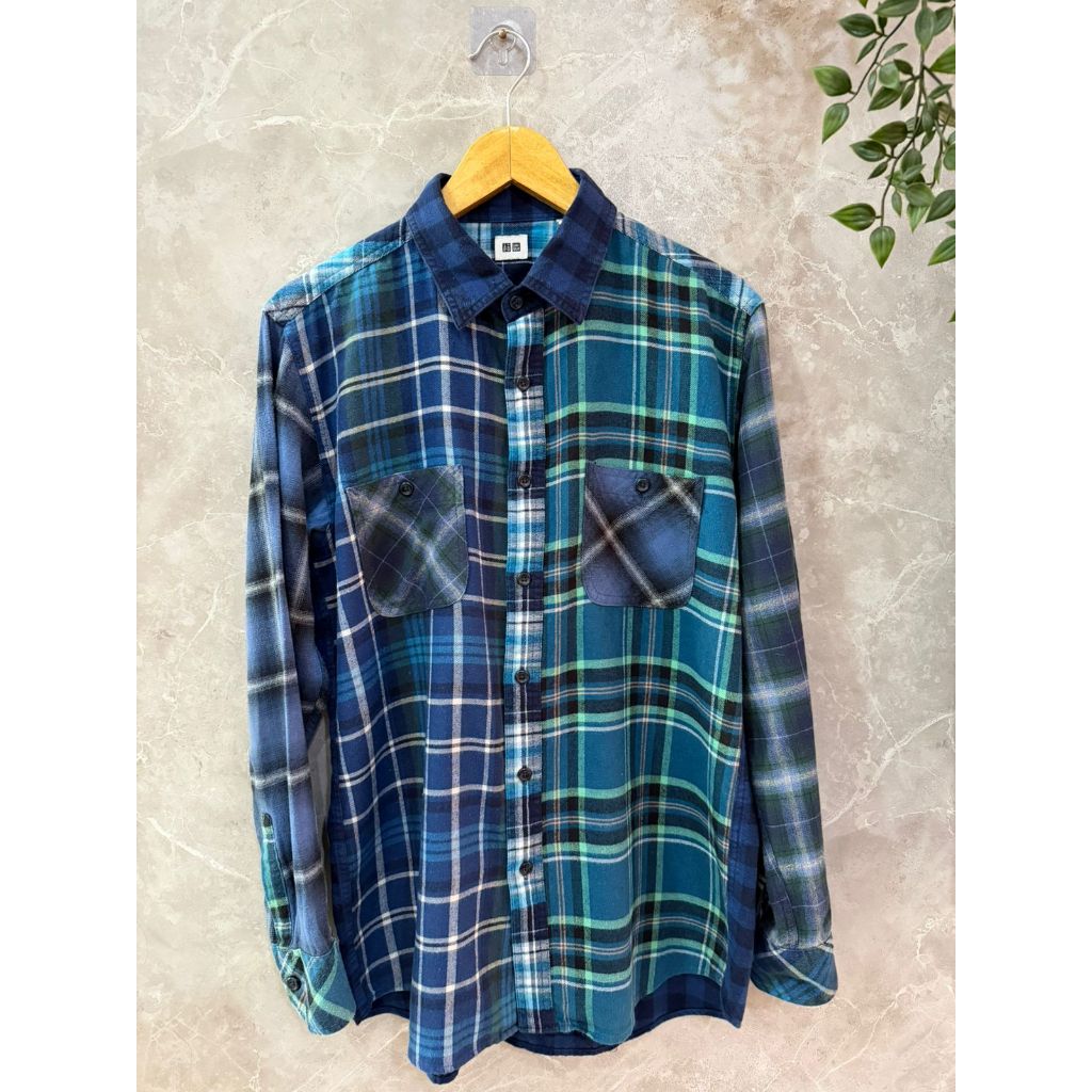 Uniqlo Flannel Shirt Kotak Navy Blue Green Clean Size L