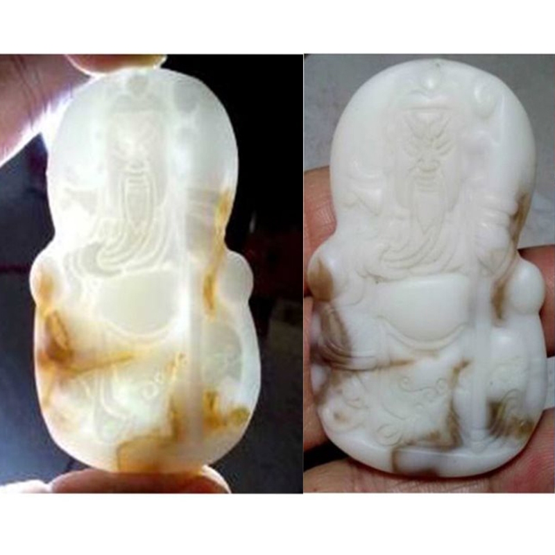 kalung liontin giok putih natural ukiran Guan Yu Kwan Kong Guan Gong Kwan Ie