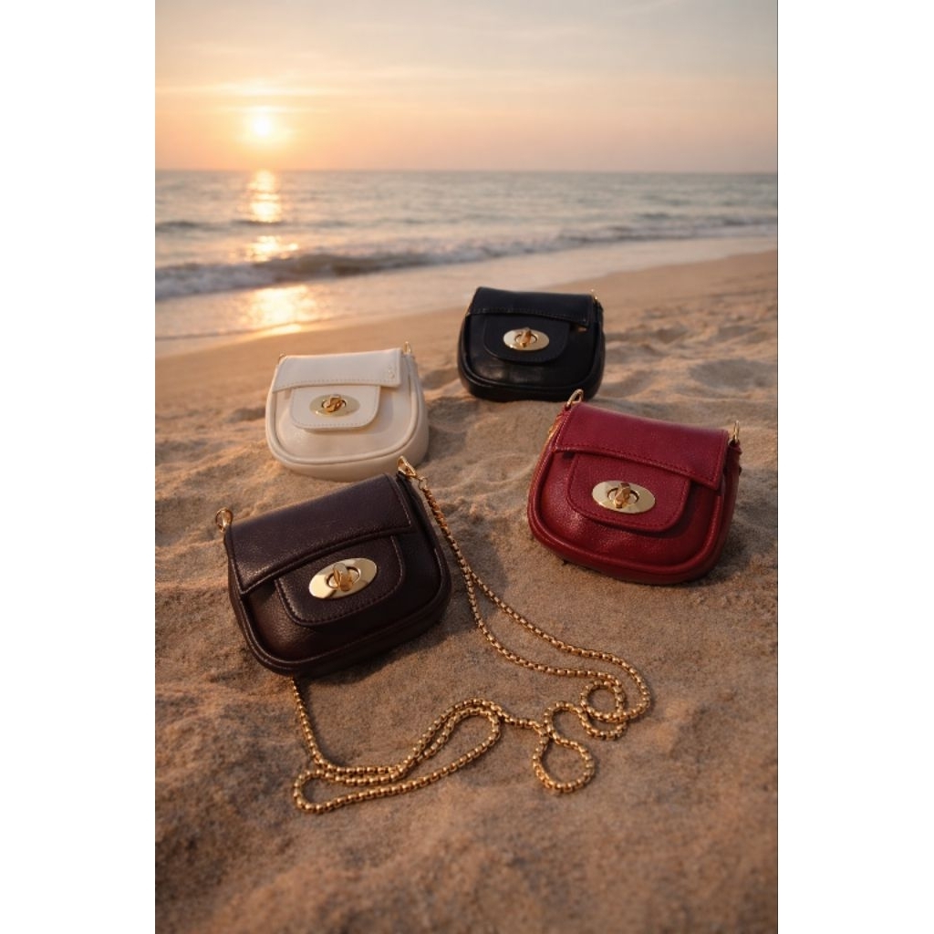 tas selempang koin mini luxury motif polos rantai emas