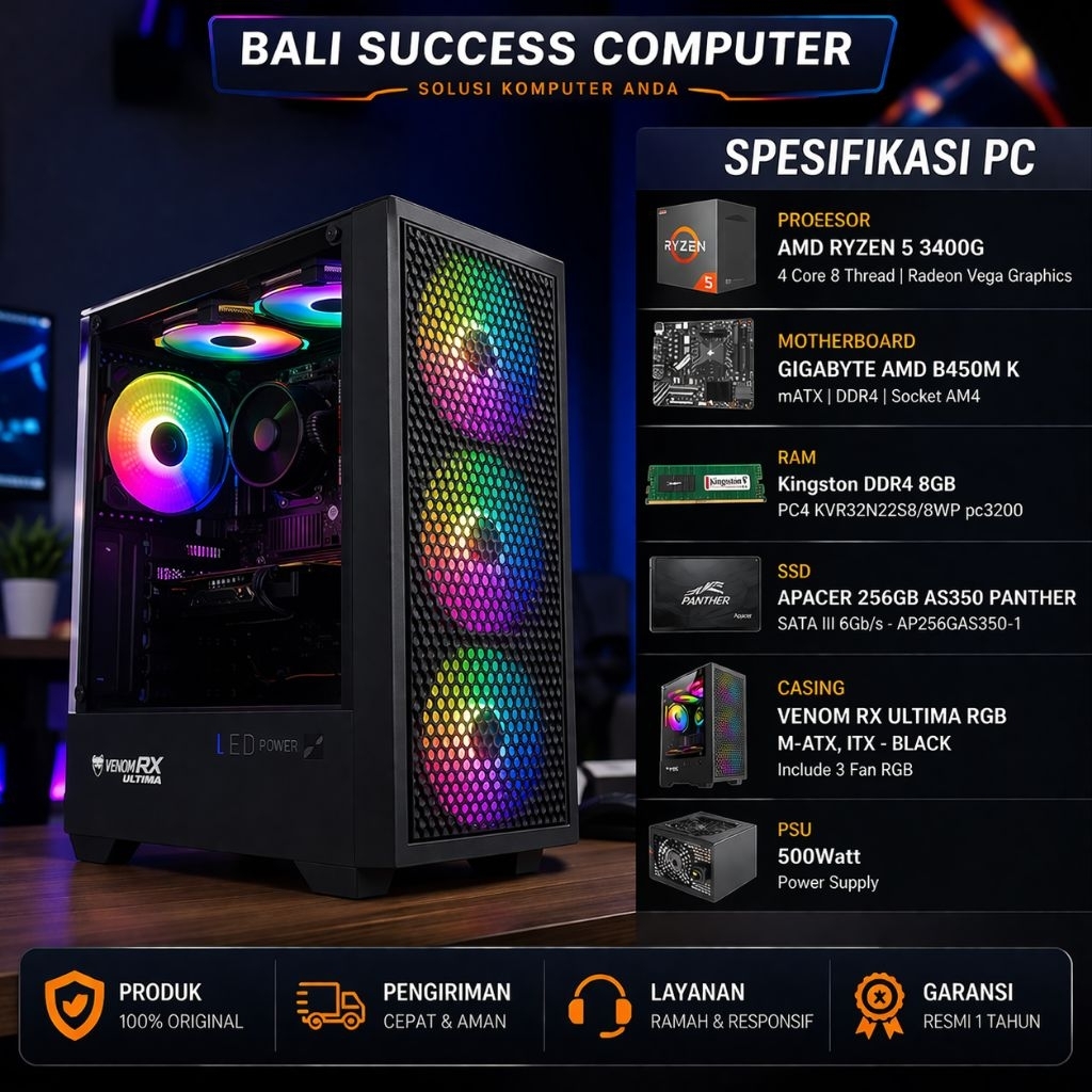 PC reyzen 5 3400G Ram 8Gb Ddr4 Ssd 256gb Garansi 1 Tahun