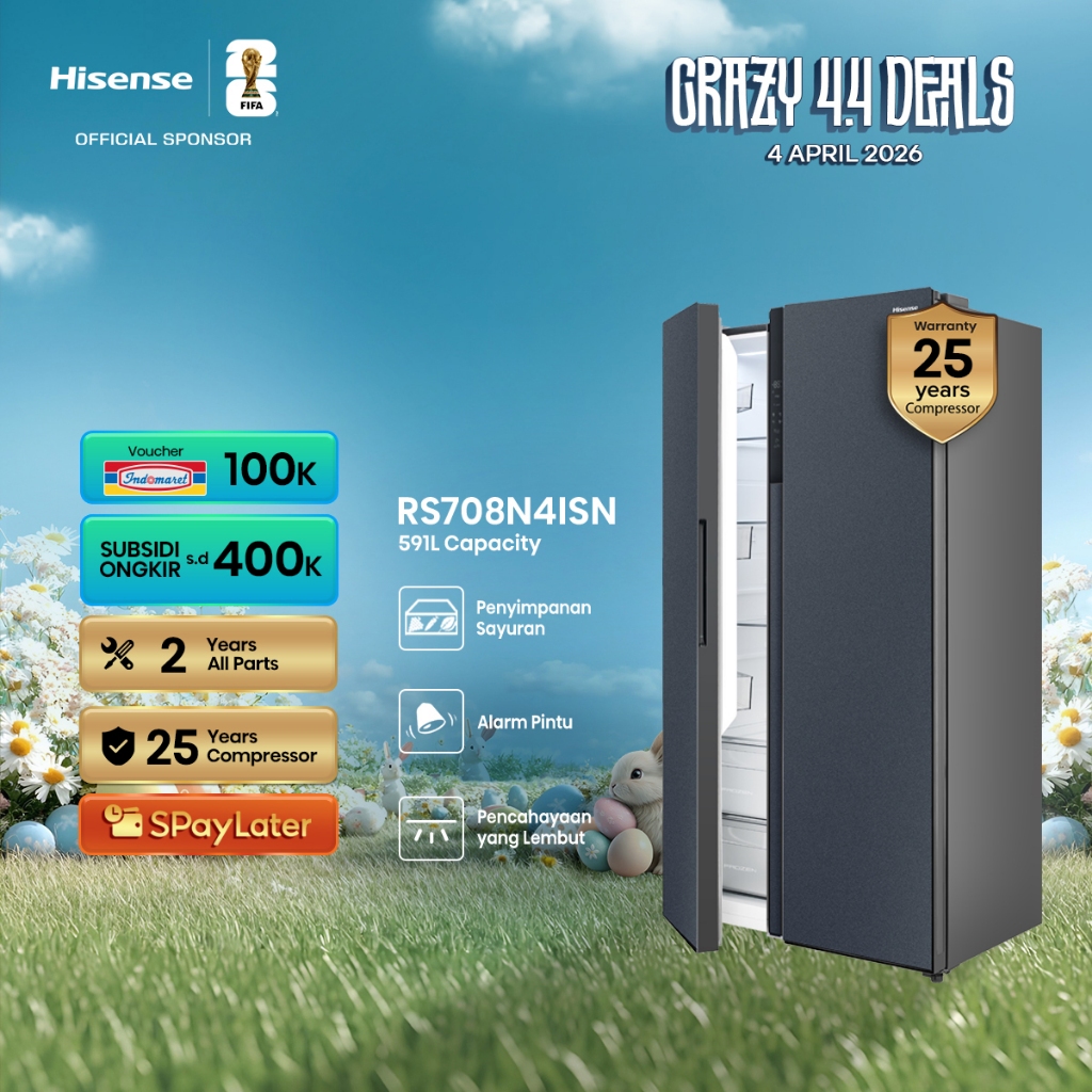 Hisense Kulkas RS708N4ISN Refrigerator Side By Side Kapasitas 591L Warna Silver Inverter Tanpa Bunga