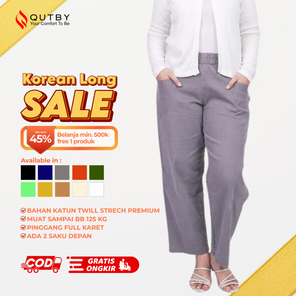 QUTBY - Celana Korean Long Pants | Kulot Panjang Wanita | Celana Jumbo Bahan Katun Twill | Bawahan K