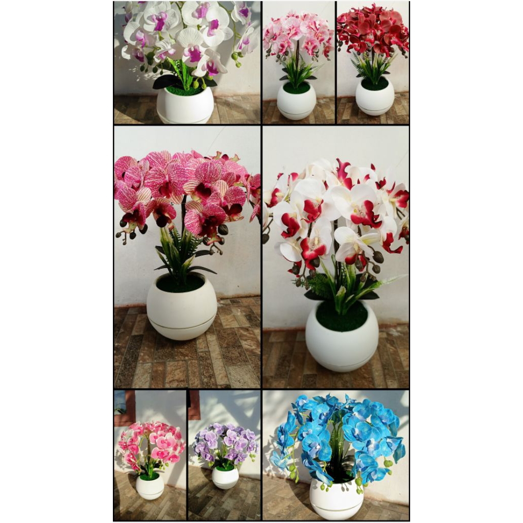 Set Pot Bulat Besar + Bunga Anggrek Latex Artifisial | Bunga Tanaman Plastik